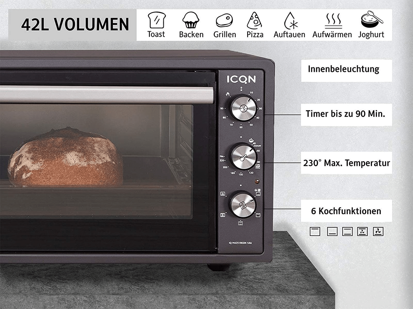 ICQN 42 Liter, 1300 W, Umluft, Timer, mit Backblech Set Minibackofen