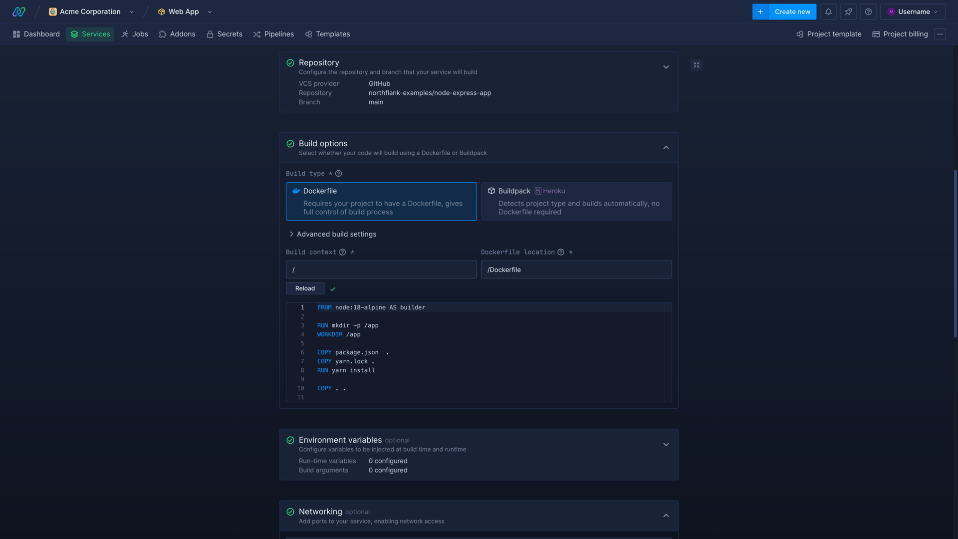 Docker build options in the Northflank application