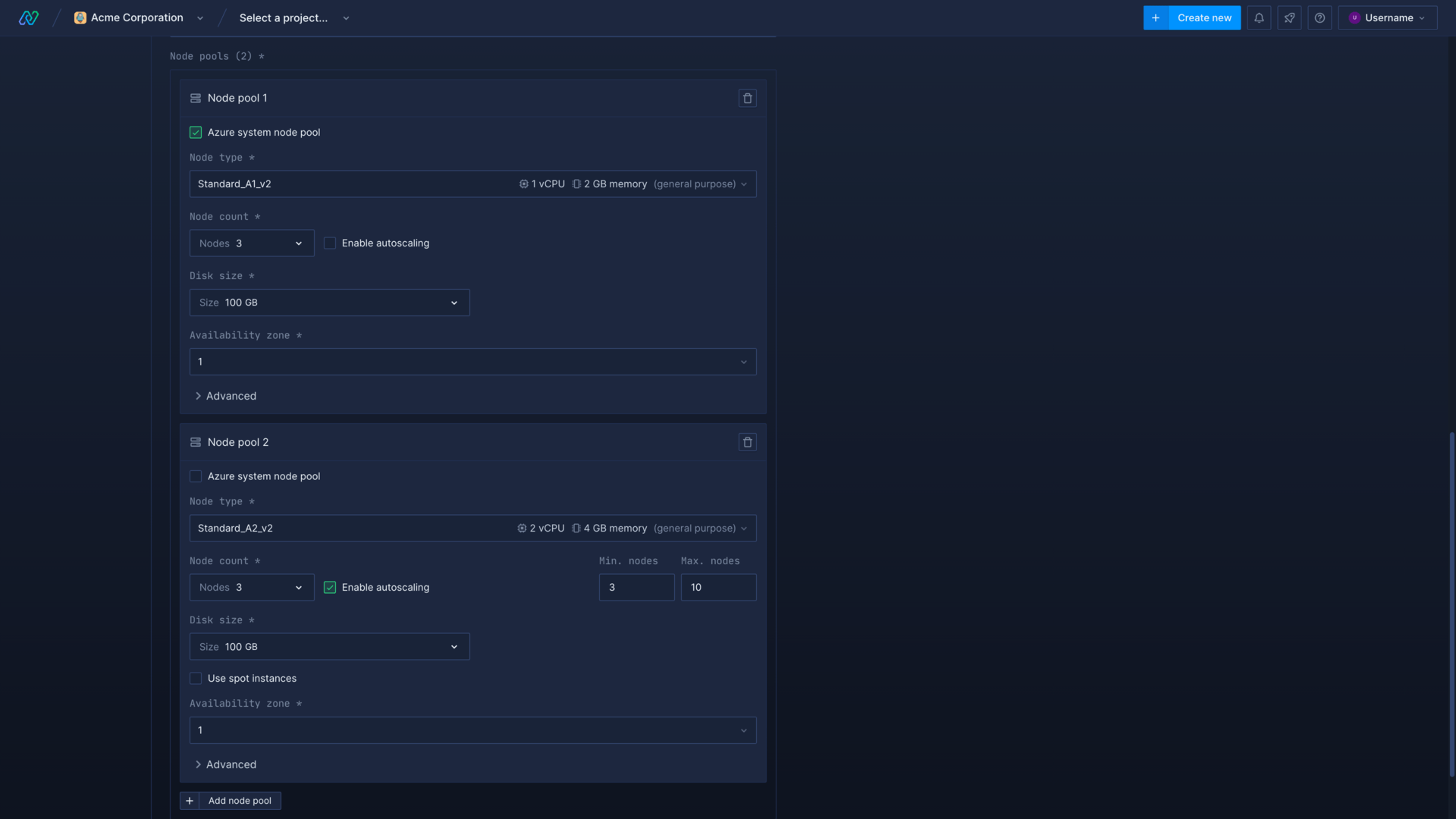 Create a new Azure node pool in the Northflank application