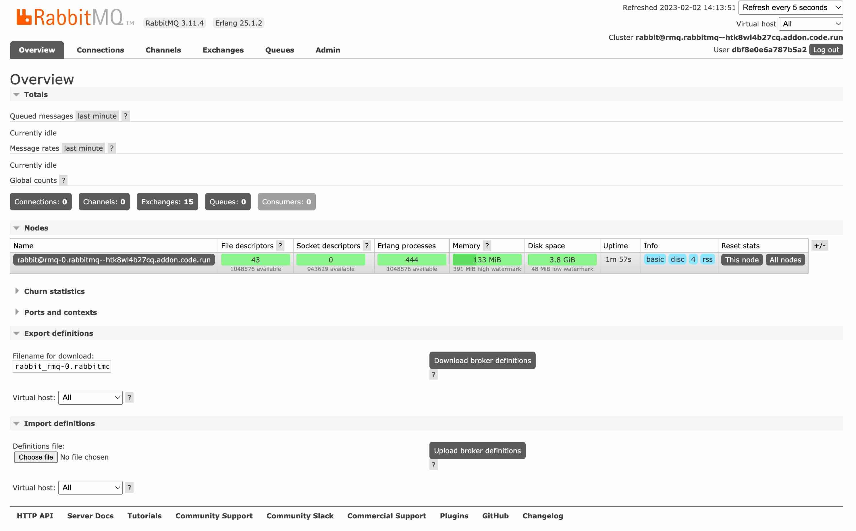 The RabbitMQ management web interface showing definition export and import
