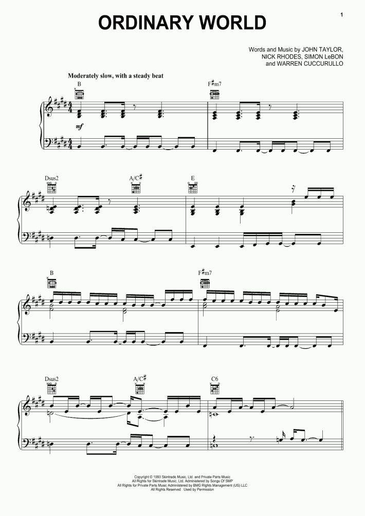 Ordinary World Piano Sheet Music OnlinePianist