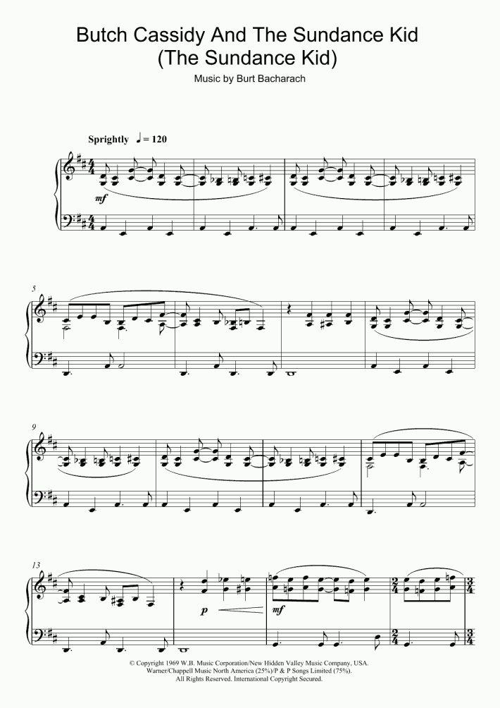 Butch Cassidy And The Sundance Kid Piano Sheet Music