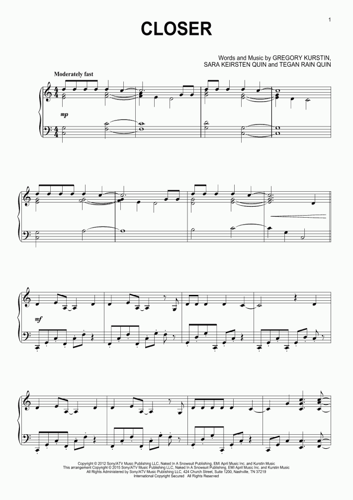 Closer Piano Sheet Music OnlinePianist