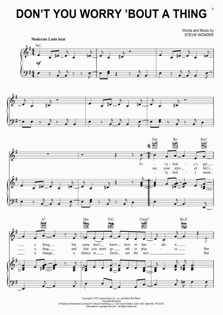 Don't You Worry 'Bout A Thing Piano Sheet Music