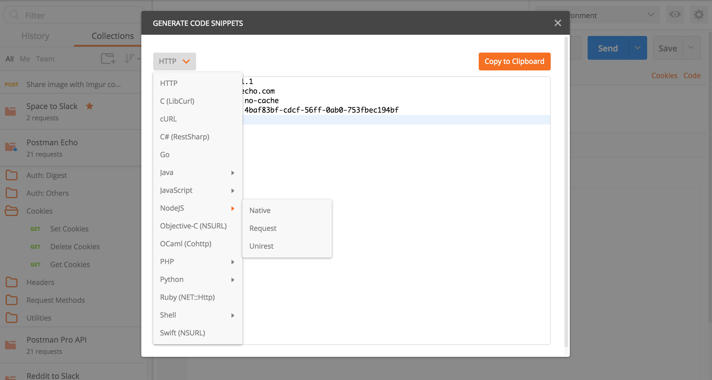 Generate code snippets Postman Learning Center