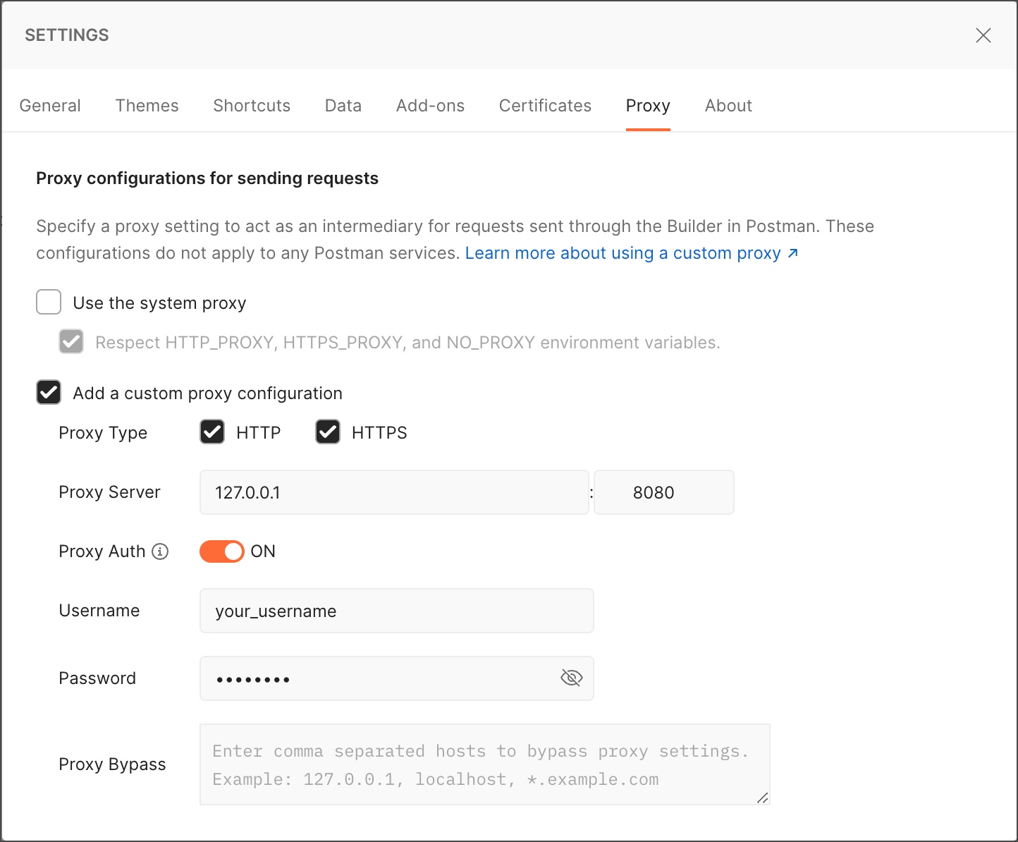 Configuring proxy settings Postman Learning Center