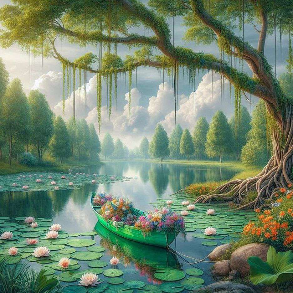 Green boat on a lake with water lilies online puzzle