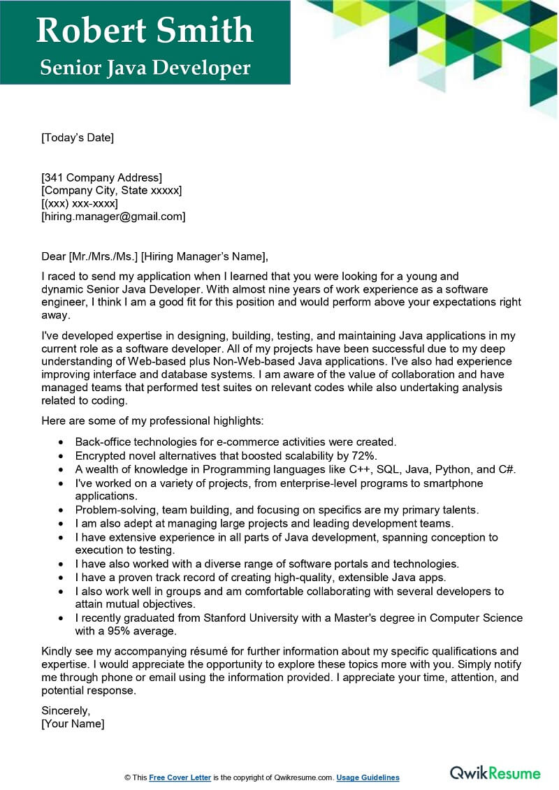 Senior Java Developer Cover Letter Examples QwikResume