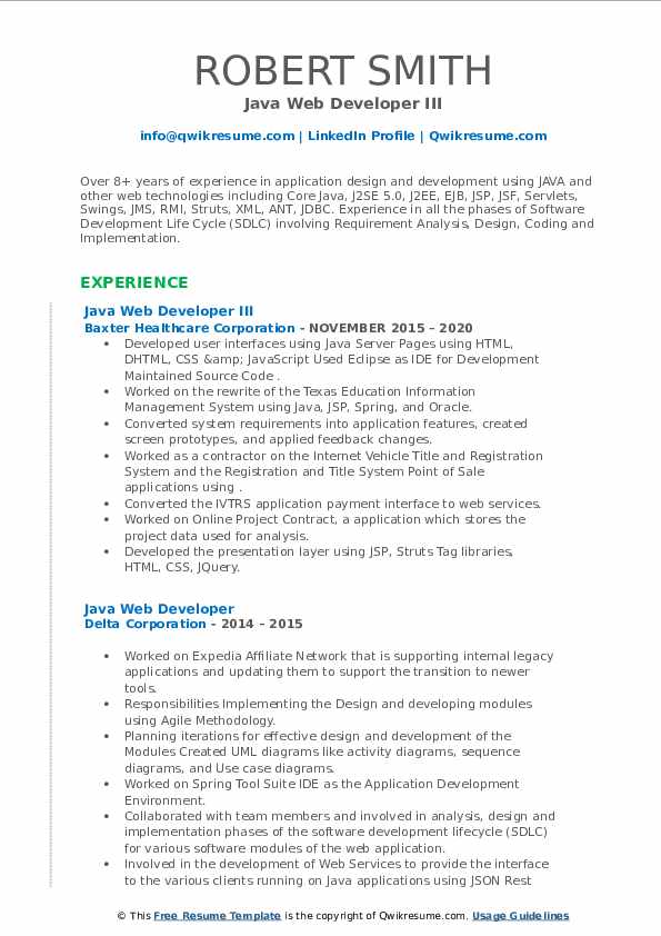 Java Web Developer Resume Samples QwikResume