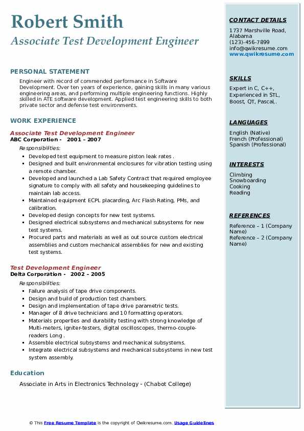 Test Development Engineer Resume Samples QwikResume