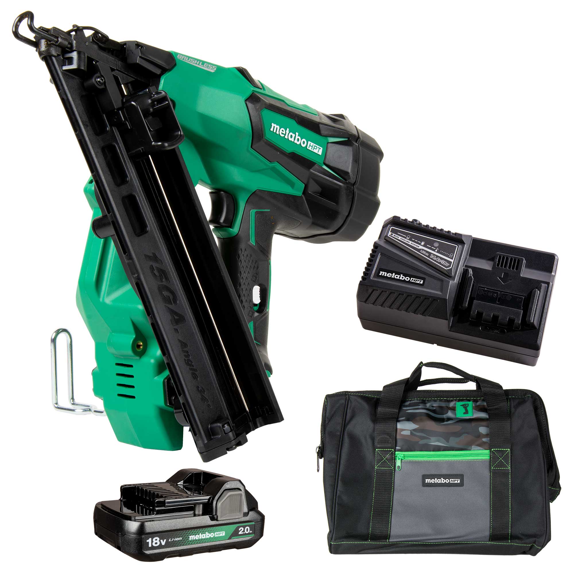 White Cap | Metabo HPT 18V Brushless Angled 15Ga Finish Nailer