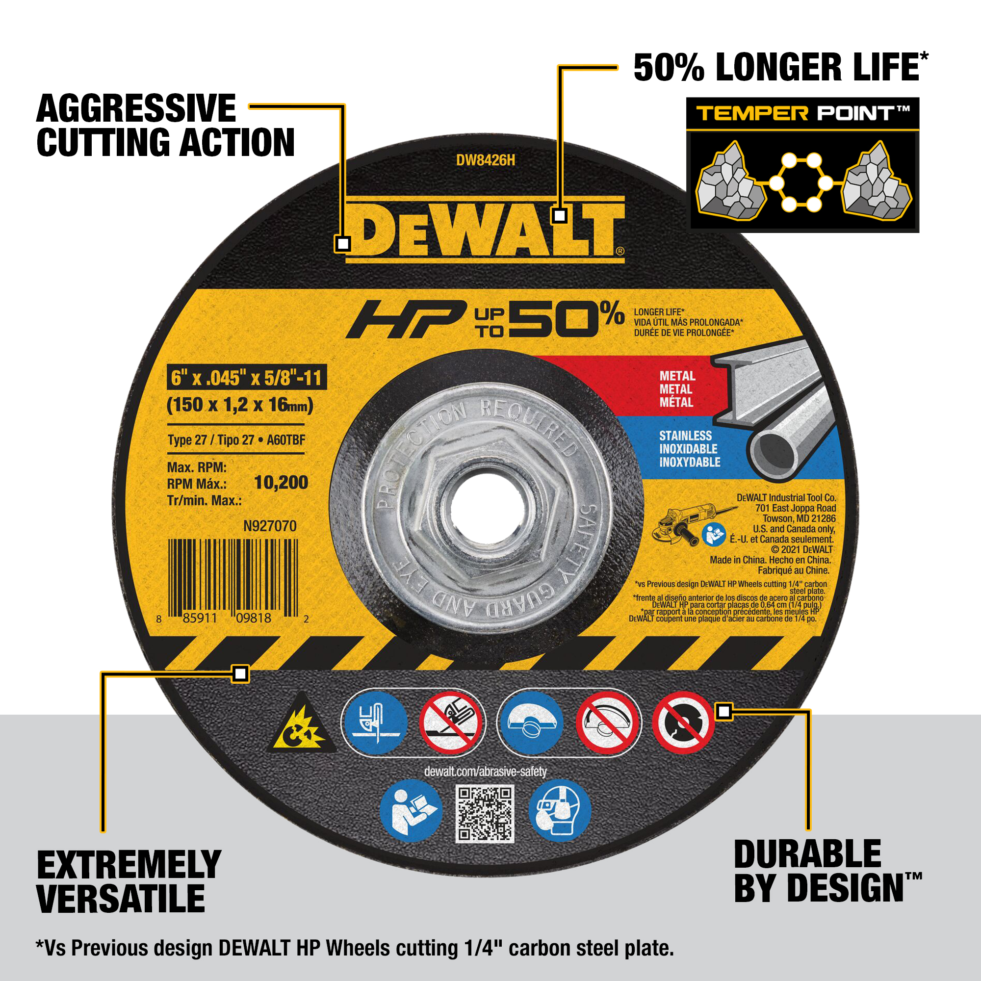 White Cap DEWALT 6" x .045" 5/811" High Performance CutOff Wheel