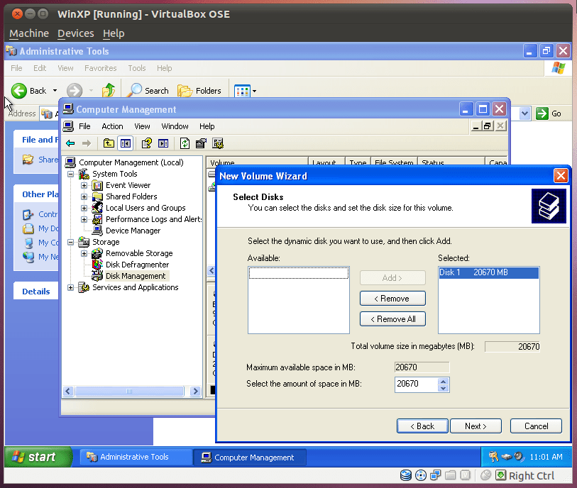 Add a second drive to a Windows XP virtual machine running in
