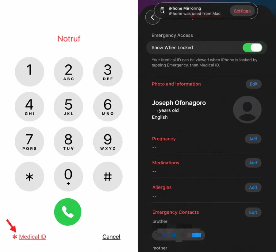 Screenshot of how to set an emergency info on an iPhone.
