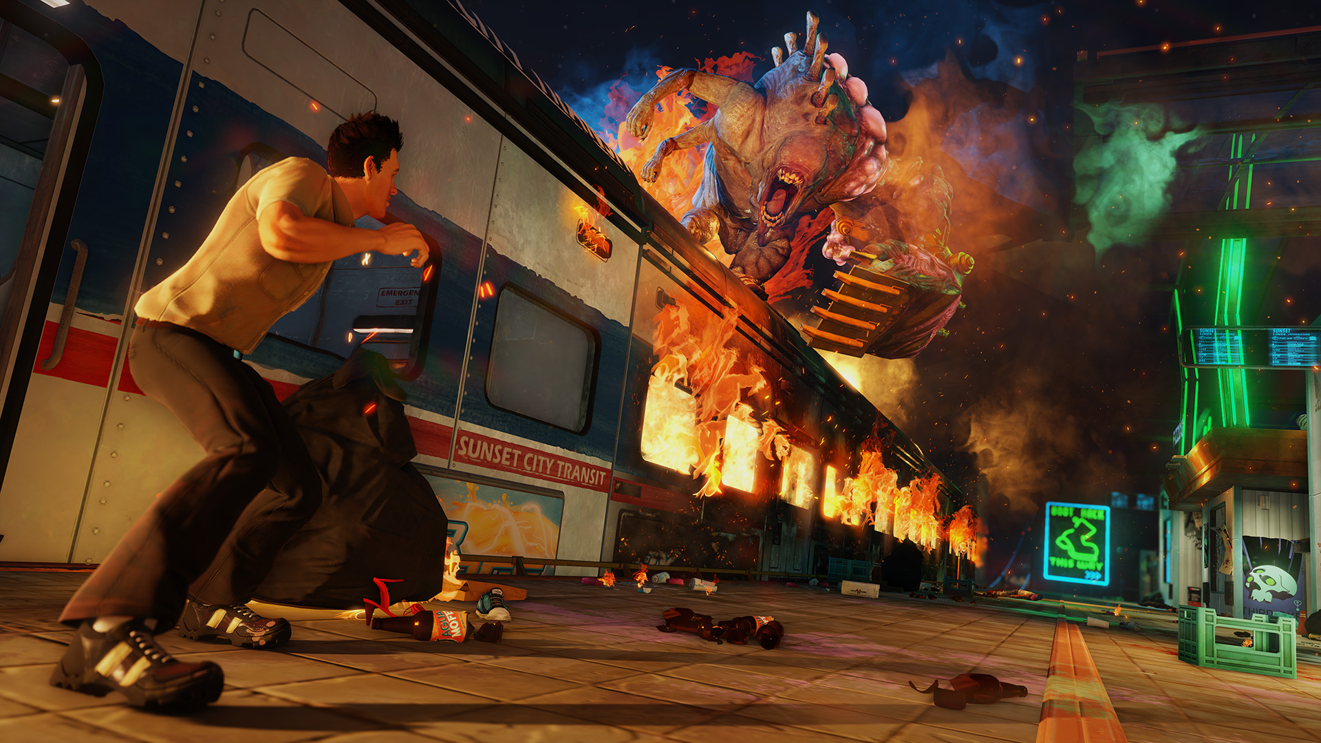 Sunset Overdrive screens show action on foot and in the