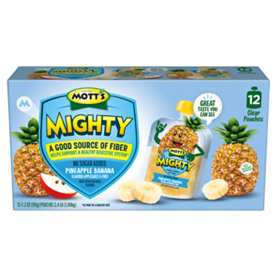MOTT'S Mighty Support Pineapple Banana Flavored Applesauce & Fiber, 3.2 oz, 12 count