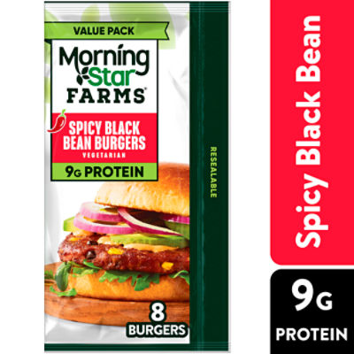 MorningStar Farms Spicy Black Bean Veggie Burgers, Vegetarian, 8Ct Bag