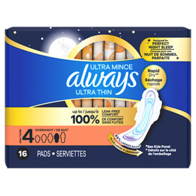 Always Ultra Thin Overnight FlexiWings Pads, Size 4, 16 Count ShopRite