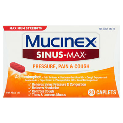 Mucinex SinusMax Maximum Strength Pressure, Pain & Cough Caplets, For Ages 12+, 20 count