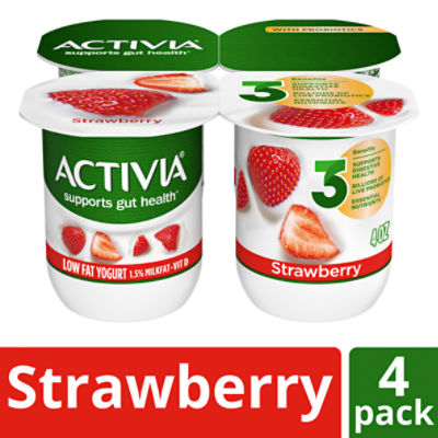 Activia Strawberry Probiotic Yogurt, Lowfat Yogurt Cups, 4 ounce, 4 CT