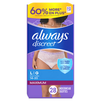 Supplied Description Always Discreet Incontinence Underwear for Women Maximum Absorbency, L