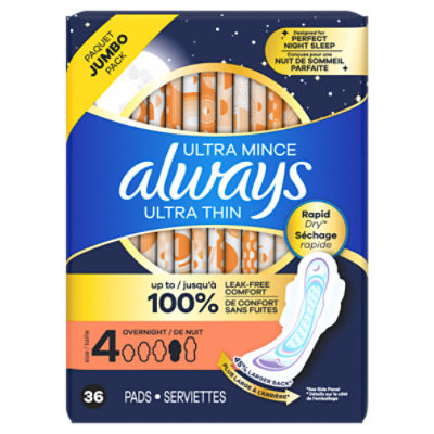 Always Ultra Thin Pads Size 4 Overnight Absorbency Unscented with Wings
