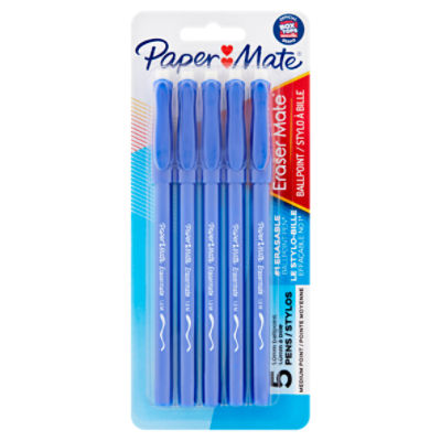 Paper Mate Ball Point Pens EraserMate Capped Blue Erasable, 5 each