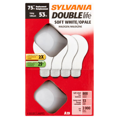 Sylvania Double Life 75W A19 Soft White Halogen Bulbs, 4 count