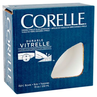 Corelle Durable Vitrelle Winter Frost White Glass Dinnerware Bowls, 6 count