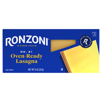 Ronzoni Oven Ready Lasagna, 8 oz, NoBoil Pasta for Baking Fairway