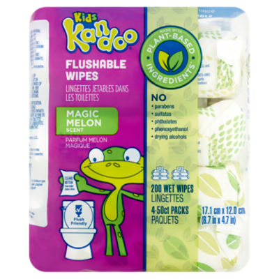 Kandoo Kids Magic Melon Scent Flushable Wipes, 4 pack, 200 count