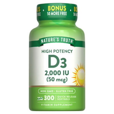 Nature's Truth Vitamins High Potency D3 Vitamin Supplement, 50 mcg, 300