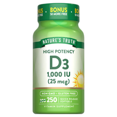 Nature's Truth Vitamins High Potency D3 Vitamin Supplement, 25 mcg, 250 count