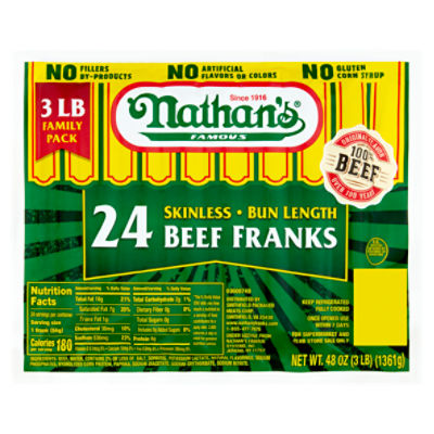 Nathan's Famous Skinless Bun Length Beef Franks Family Pack, 24 count