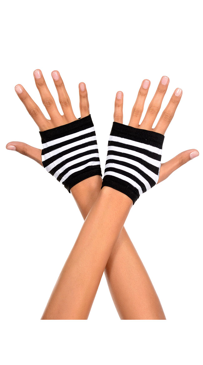 Striped Fingerless Gloves, Black and White Fingerless Black, Striped Gloves