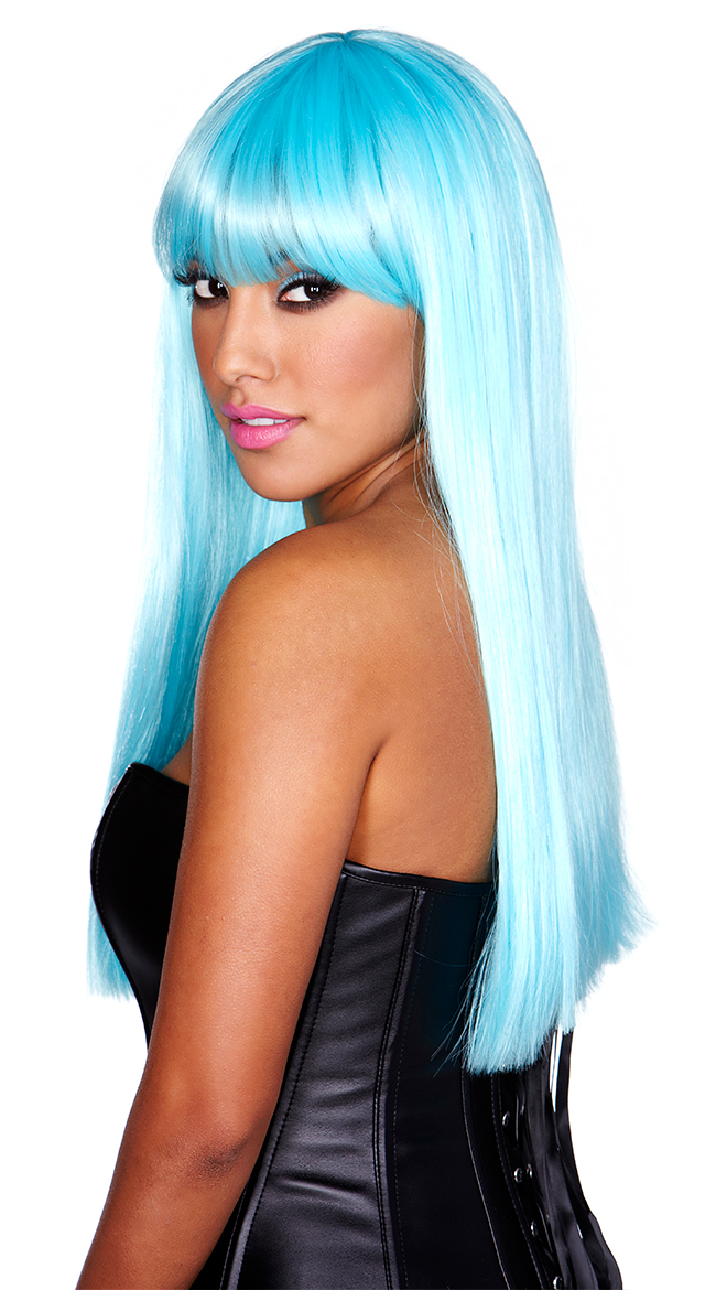 Long Neon Light Blue Wig, Neon Light Blue Costume Wig, Neon Rave Wig