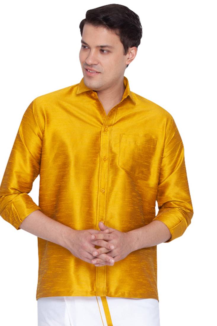 Yellow plain silk men shirt VASTRAMAY 3770937