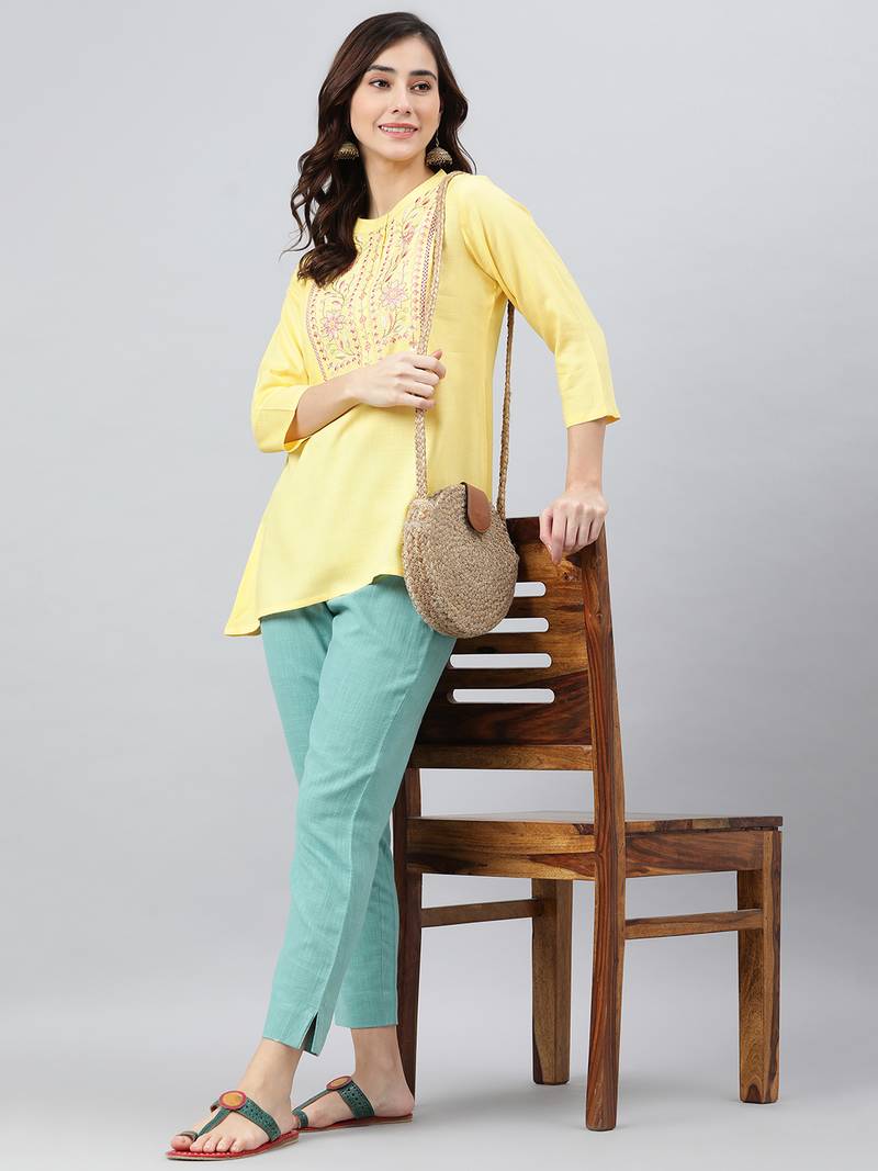 Yellow embroidered viscose rayon tunics Janasya 3776453