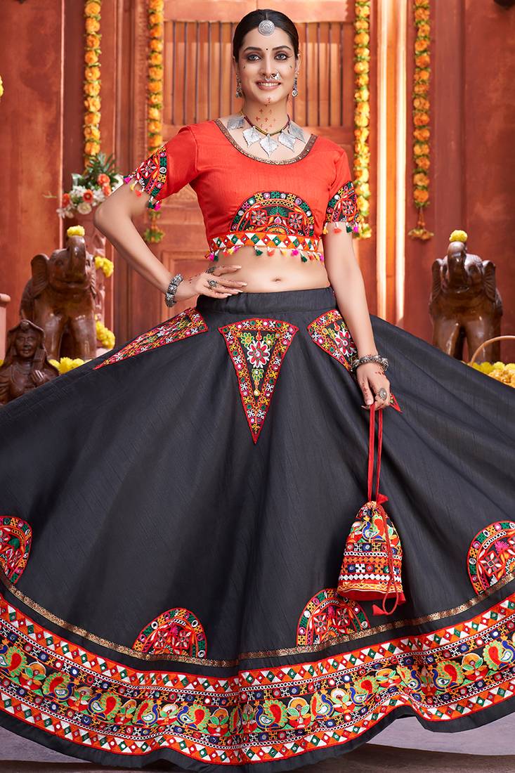Black embroidered art silk semi stitched lehenga Payal Creation 3933094