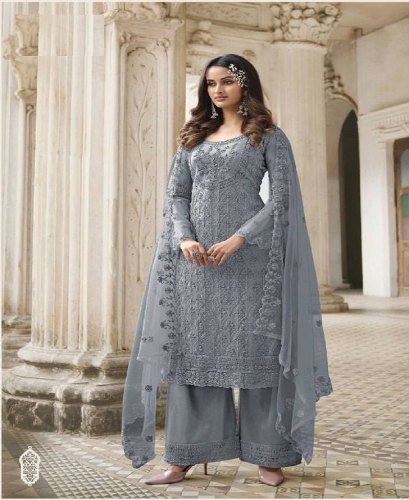 Grey Color Designer Fancy Net Fabric Salwar Suit In Net Fabric With