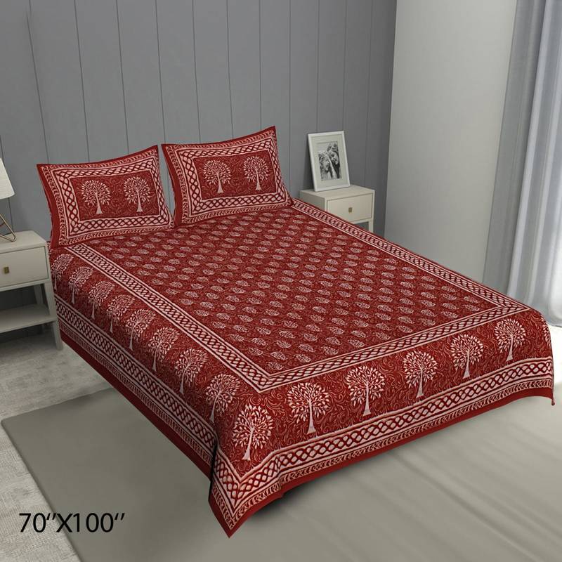 Ridan Cotton Printed Deewan Size Sanganeri bed sheet with two pillow