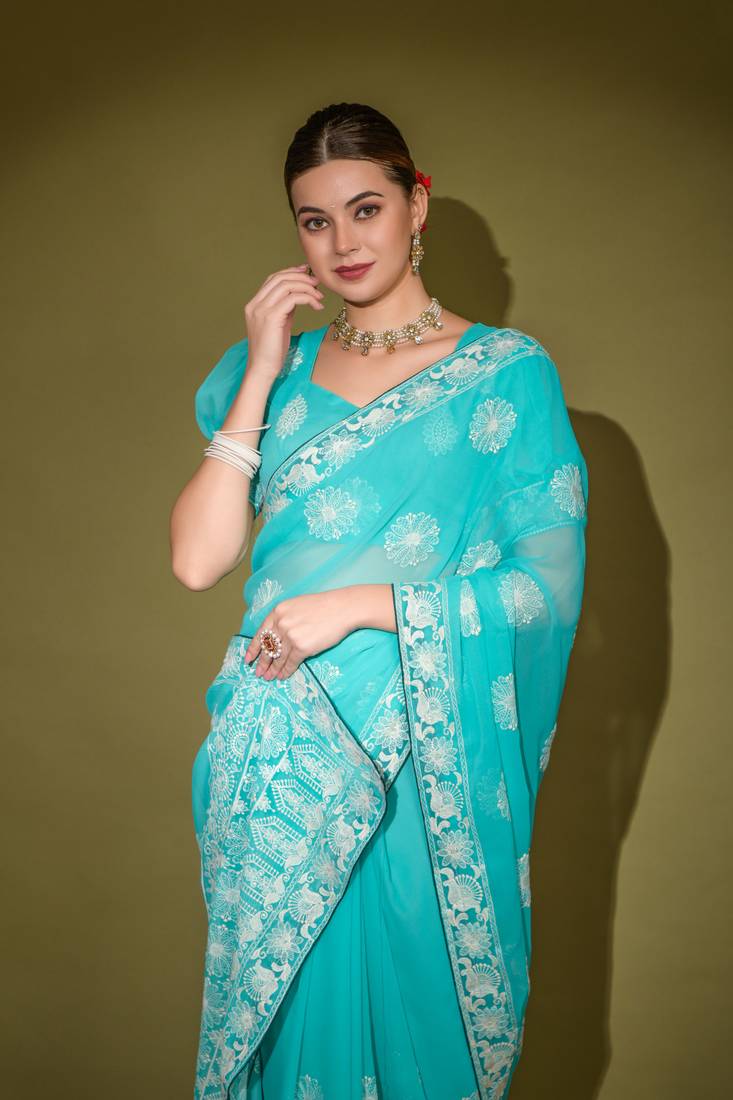 Traditional Lakhnavi Thread Embroidery Work Sea Green Colour Saree In