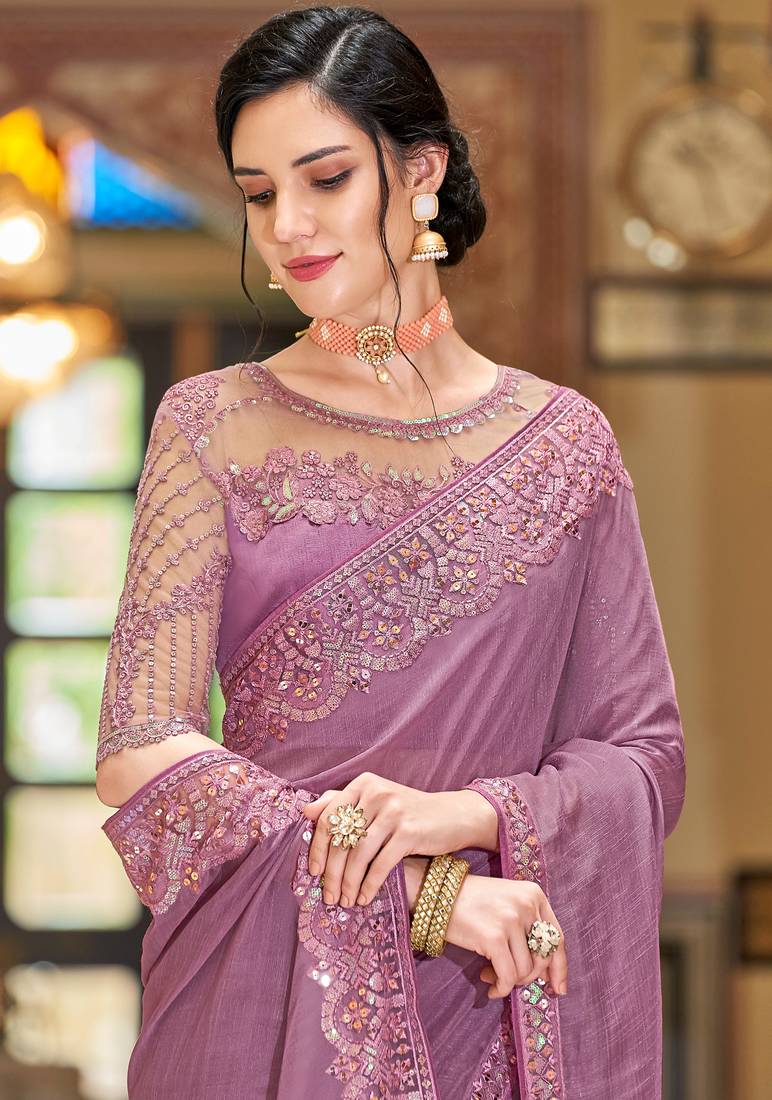Lavender embroidered art silk saree with blouse Saini Vastra 4059559