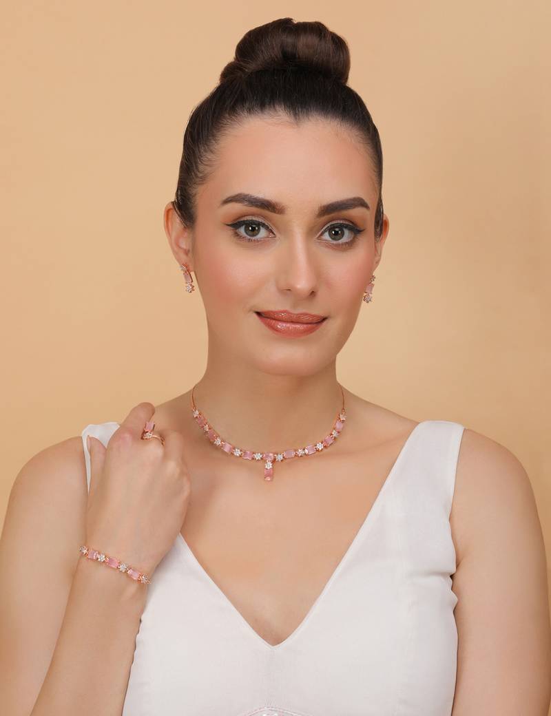 Rose Gold Plated Pink Stone Embellished CZ Necklace 317FNN321 PINK