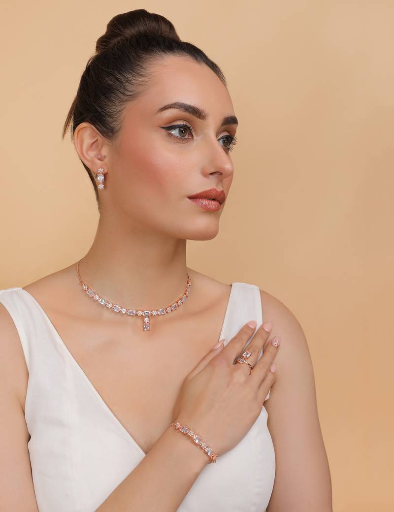 Rose Gold Plated White Stone Embellished CZ Necklace 317FNN326 PINK