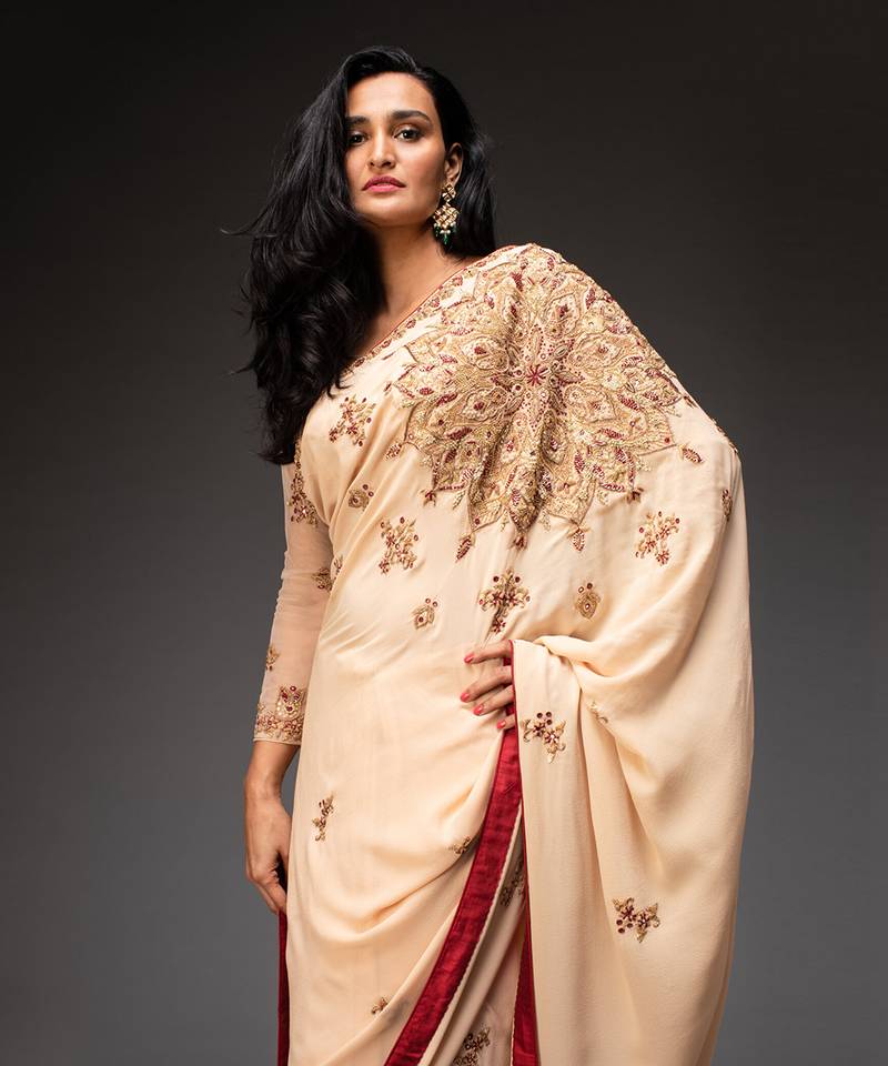 Nude embroidered saree set - NEHA GUR SAHANI - 4223262