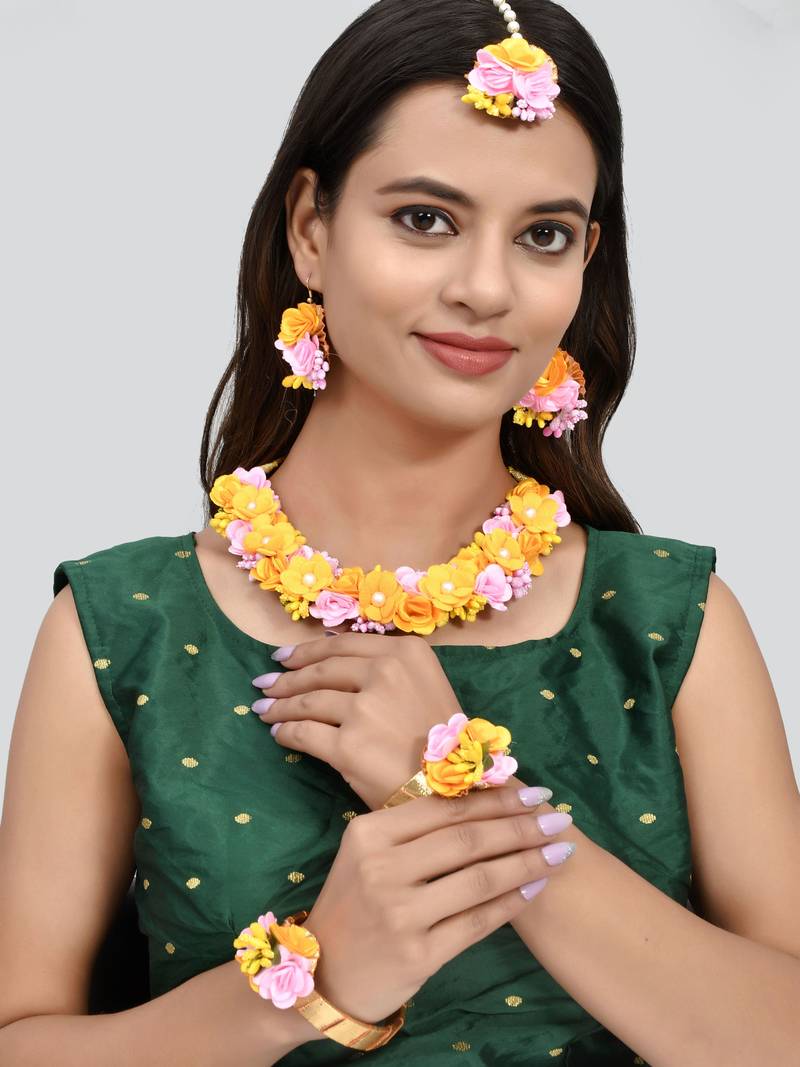 Pink and yellow haldi flower jewellery set Silvermerc Designs 4266165