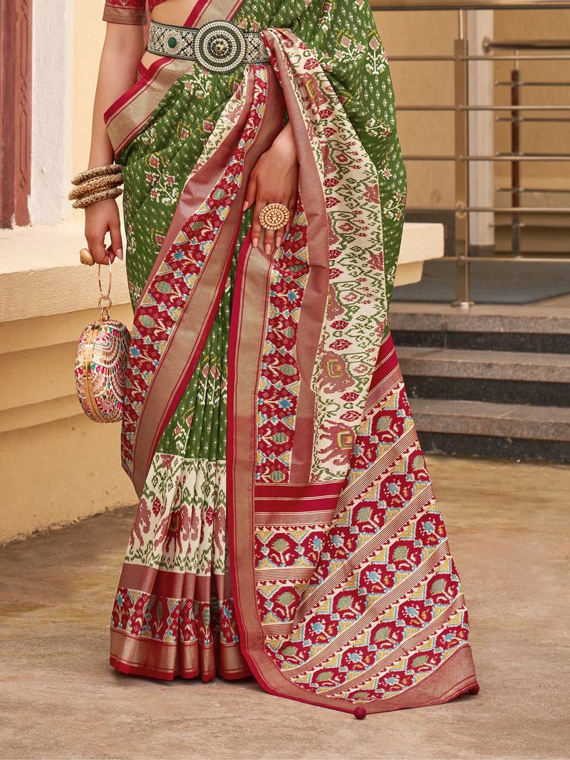 Elora soft silk ajarak patola saree for women (green) Elora Fashion