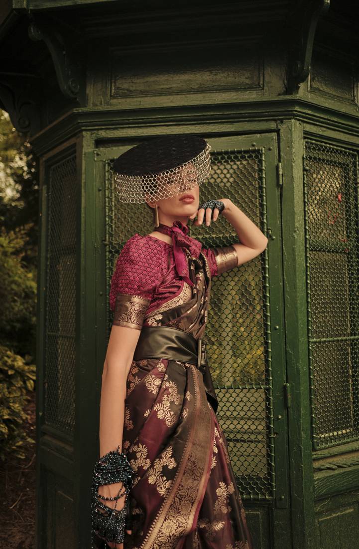 Elora pure satin silk banarasi weaving saree (wine) Elora Fashion