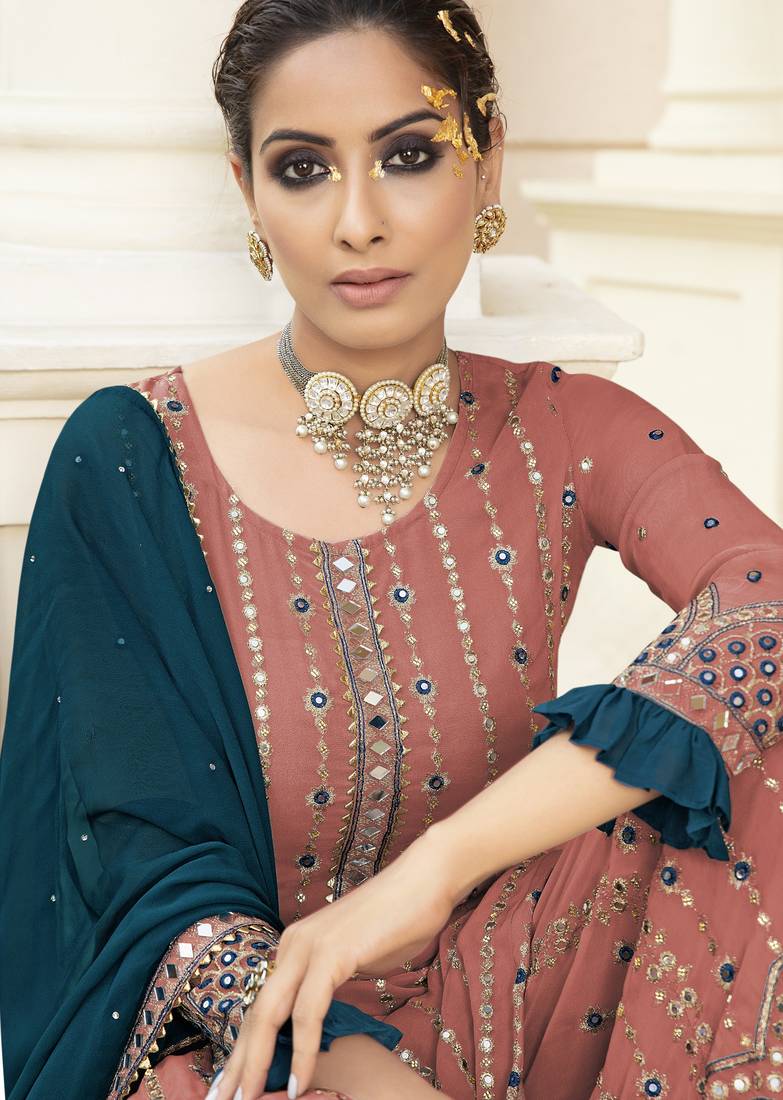 Onion pink pakistani miror & embroidered work palazzo salwar